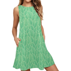 Green Tropical Leaf Tank Dress Women Pockets, Plants Nature Ladies Vintage A Line Print Summer Sleeveless Mini Short Cute Handmade Cocktail