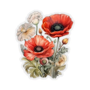 Adesivo de flores selvagens de papoula, arte floral vermelha, decalque para laptop, garrafa de água fofa, carro, amortecedor à prova d'água, estética, parede cortada