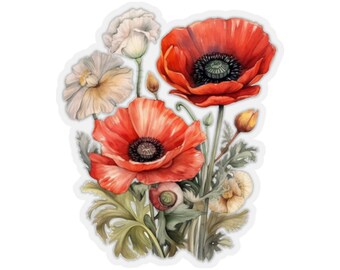 Poppy Wild Flowers Sticker, Red Floral Art Laptop Decal Vinyl Cute Waterbottle Tumbler Car Waterproof Bumper Aesthetic Die Cut Wall