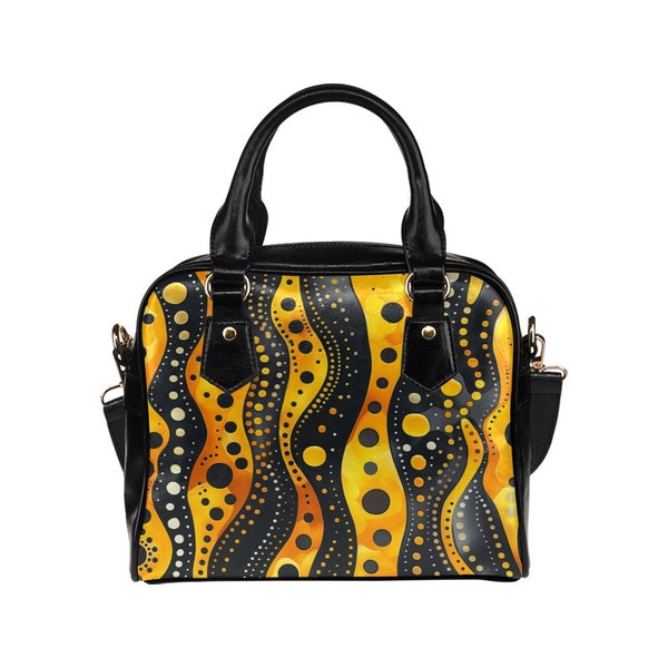 Yellow Stripes Purse, Dots Abstract Art Black Retro Cute Small Shoulder Zip Bag Vegan Leather Women Designer Handbag Crossbody Ladies