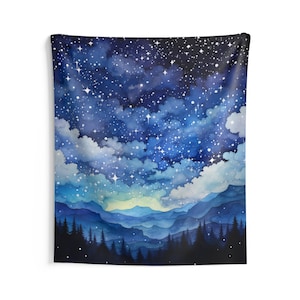 Night Sky Watercolor Tapestry, Starry Stars Galaxy Space Blue Wall Art Hanging Cool Vertical Aesthetic Large Small Bedroom College Dorm Room