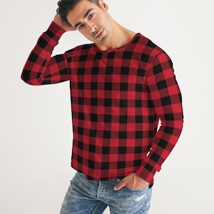 Red Buffalo Plaid Men&#39;s Long Sleeve Tshirt, Black Check Lumberjack Unisex Women Designer Graphic Crew Neck Tee