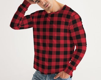 Red Buffalo Plaid Men's Long Sleeve Tshirt, Black Check Lumberjack Unisex Women Designer Graphic Crew Neck Tee