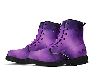 Purple Galaxy Women Leather Boots, Space Cosmos Vegan Lace Up Shoes Hiking Festival Black Ankle Combat Work Winter Waterproof Custom Ladies