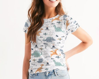 Camiseta feminina de dinossauro, estampa de dino, designer científico, meninas adultas, estética gráfica, moda, gola redonda, camiseta top