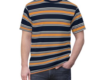 Navy Blue Stripe Tshirt, Orange Horizontal Striped Retro Designer Graphic Lightweight Heavyweight Crewneck Men Women Tee Short Sleeve Shirt