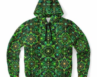 Emerald Mandala Hoodie, Green Psychedelic Geometric Pullover Men Women Adult Graphic Cotton Hooded Sweatshirt Pockets Designer Plus Size