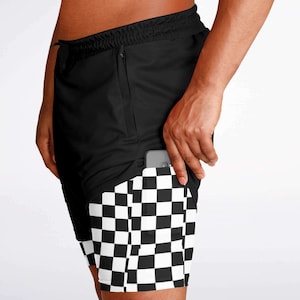 Black Men Lined Shorts 7 Inch, Checkerboard Compression Liner 2 in 1 Running Gym Workout Athletic Sports Mesh Zip Pockets Drawstring