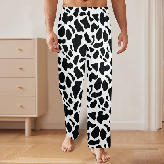 【サイズ交換OK】 Cow Print PJ Satin Animal White Black Pants, Pajamas Men Clothing