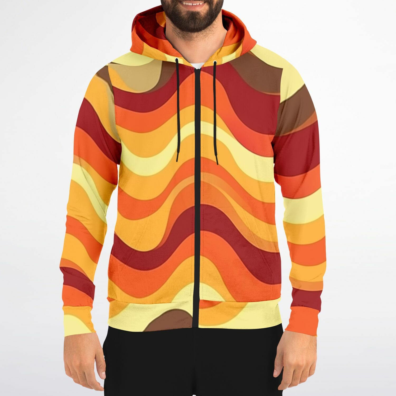 70s Retro Zip up Hoodie, Wavy Stripes Orange Brown Vintage Full