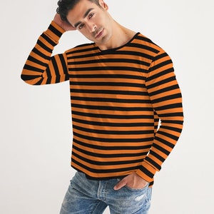 Orange Black Stripes Men Long Sleeve Tshirt, Striped Unisex Women Designer Guys Graphic Halloween Aesthetic Crew Neck Tee