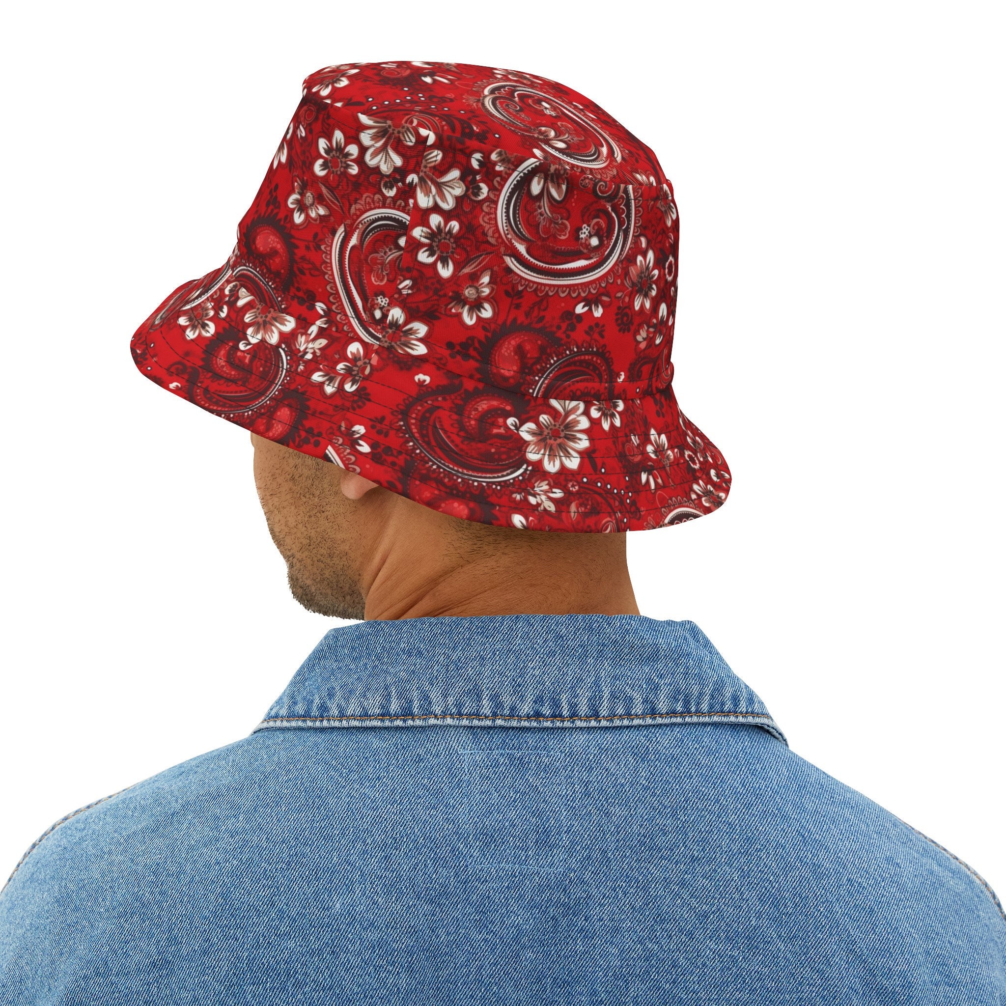 Red Paisley Bucket Cap Hat, Bandana Beach Cool Women Men Golf