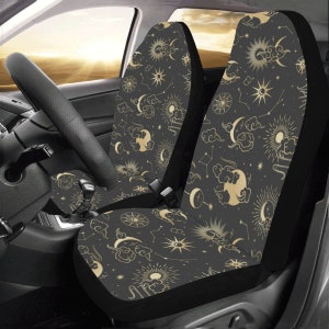 Moon Stars Car Seat Covers 2 pc Retro Sun Sky Asian Weather Front Seat Covers for Vehicle, Car SUV Truck Seat Protector Accessory Decoration