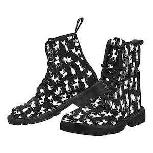 Cats Women&#39;s Boots, Kittens Black White Vegan Canvas Lace Up Ladies Shoes Black Print Army Ankle Combat Winter Casual Custom Gift
