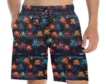 Bañador festivo para hombre, Pantalones cortos de entrepierna de 7 pulg. con fuegos artificiales de Navidad, Bolsillos de playa, Forro de malla, Cordón, Traje de baño informal, Traje de baño de talla grande