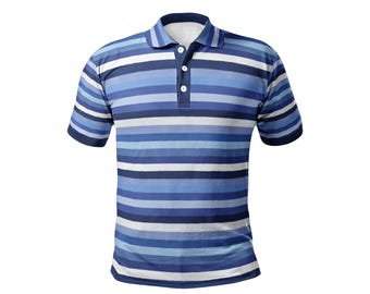 Blauw wit gestreept heren poloshirt, horizontale streep jongens golf casual zomer dichtgeknoopt omhoog kraag korte mouw sport tshirt tee top