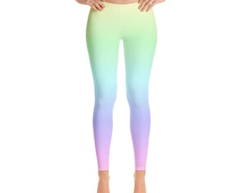 Pastel Rainbow Leggings, Tie Dye Leggings, Pastel Yoga Pants, Kawaii Goth Pink Purple, Printed Ombre Colorful Workout Leggings for Women
