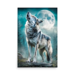 May include: A digitally painted image of a gray and white wolf howling at a full moon. The wolf stands on a rock in a forest setting, with a large, bright moon in the background. The color palette includes blues, greens, and whites.