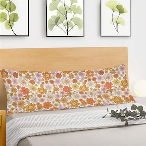 Groovy flowers Body Pillow Case, Boho Retro 70s Floral Funky Orange Long Large Bed Accent Print Throw Decor Satin Decorative Cover 20x54