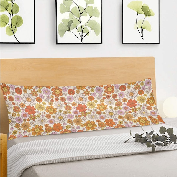 Groovy flowers Body Pillow Case, Boho Retro 70s Floral Funky Orange Long Large Bed Accent Print Throw Decor Decorative Cover 20x54