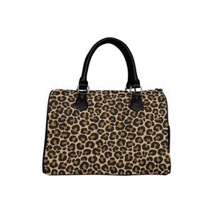 Leopard Print Purse Handbag, Animal Cheetah Brown Canvas and Leather Top Handle Boston Barrel Type Designer Accessory Women Ladies Bag Purse