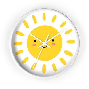 Happy Sun Face Wall Clock, Sunshine Silent Unique Decorative Nursery New Baby Kids Wall Modern Minimalist Design Wood Decor Cool