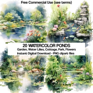 Pond Digital Instant Download Clipart PNG Files, Plants Watercolor Art Print Flowers Garden Water Lily Lotus Cottage Free Commercial Use