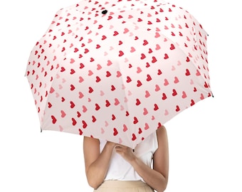 Hearts Umbrella, Red Pink Romantic Golf Anti-UV Semi-Automatic Sun Beach Rain Parasol Large Compact Travel Windproof Designer Men Women