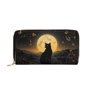 Cartera de cuero con diseño de gato negro y luna llena para mujer, retro vintage vegano con cremallera alrededor de monedas, tarjetas de crédito, bolsillo en efectivo, bolso de mano delgado para mujer
