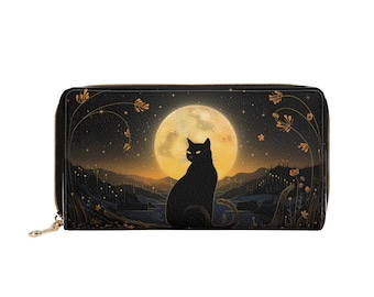 Black Cat Full Moon Leather Wallet Women, Retro Vintage Vegan Zipper Zip Around Coins Credit Cards Pocket Cash Ladies Slim Clutch Purse