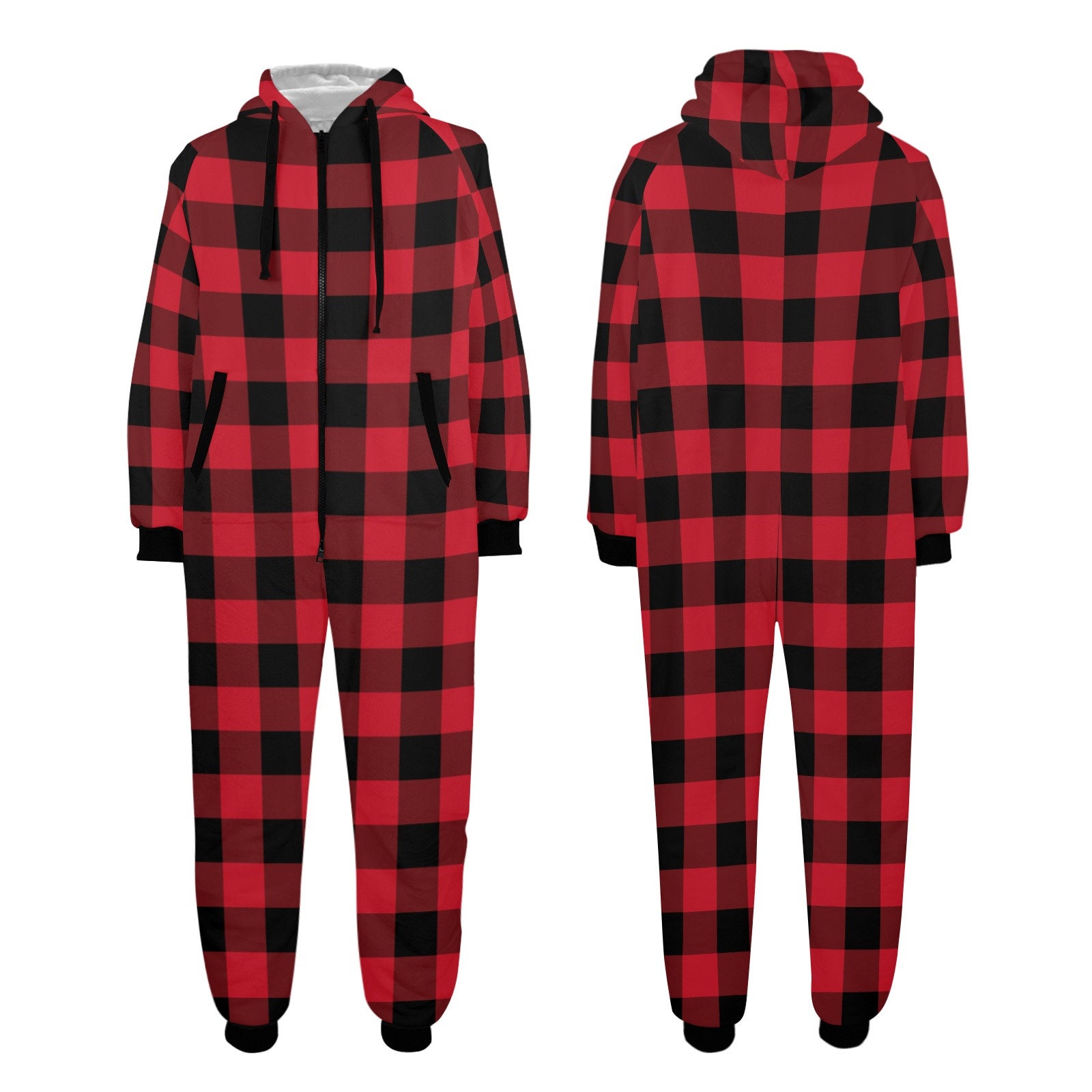 Red Buffalo Plaid One Piece Men Pajama Black Checkered Christmas Xmas Adult Bodysuit Women Ladies Flannel Long Sleeve Hooded PJ Romper