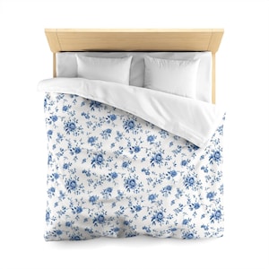 Blue Floral Duvet Cover, White Vintage Flowers Bedding Queen King Full Twin XL Microfiber Unique Designer Bed Quilt Bedroom Decor