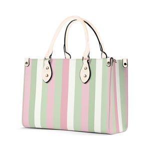 Grün Rosa Gestreifte Schulter Geldbörse, Pastell Mint Crossbody Vegan Leder Top Griff Handtasche Druck Kleine Große Tasche Frauen Damen Designer Tote