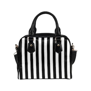Schwarz-weiß gestreifte Geldbörse Handtasche, Nadelstreifen Streifen Vertikaler Druck Kleine Mini Schultertasche Vegan Leder Damen Designer Crossbody Bild 4