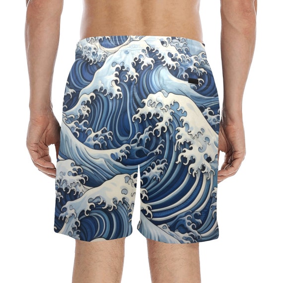 Japanese Waves Men Swim Trunks Ocean Blue 7 Inseam Shorts Beach