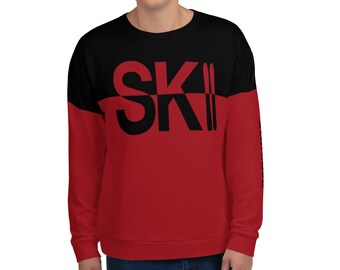 Suéter de esquí hombres, Vintage skiing sudadera Colorblock rojo negro Apres esquí nieve invierno montaña deporte regalo de vacaciones