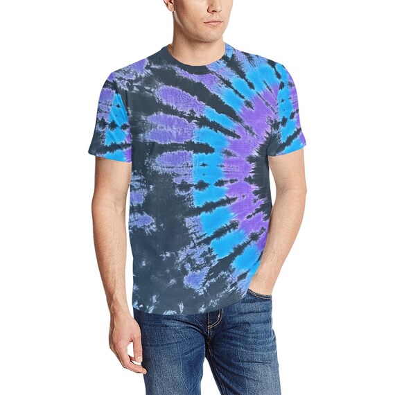 Zwart blauw paars Tie Dye T-shirt, spiraal strepen ontwerper