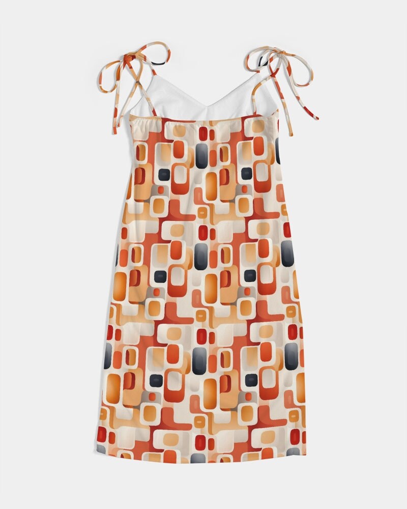 Retro Geometric Midi Dress Women With Slit, 1970s Red Orange
