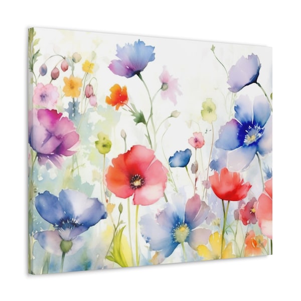 Wildflowers Canvas Gallery Wrap, Watercolor Floral Wall Art Print Decor Small Large Hanging Modern Landscape Living Room