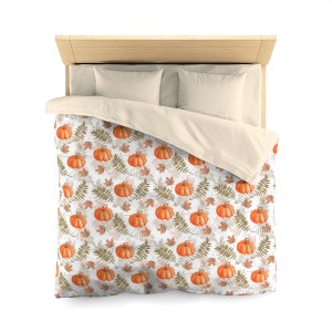 Pumpkin Duvet Cover, Fall Autumn Leaves Orange Bedding Queen King Full Twin XL Microfiber Designer Bed Quilt Bedroom Decor