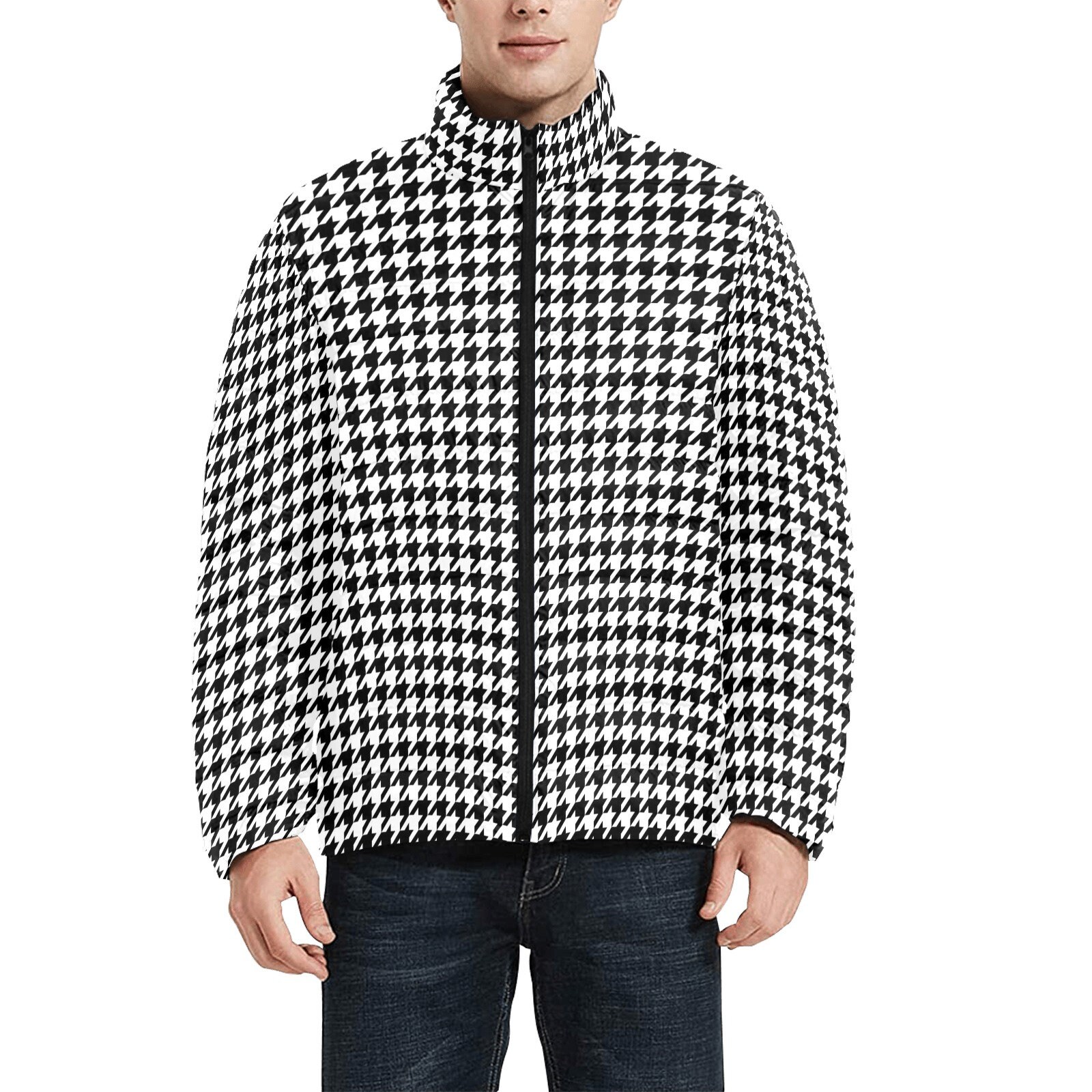 Houndstooth Men Lightweight Bomber Jacket, Black White Stand