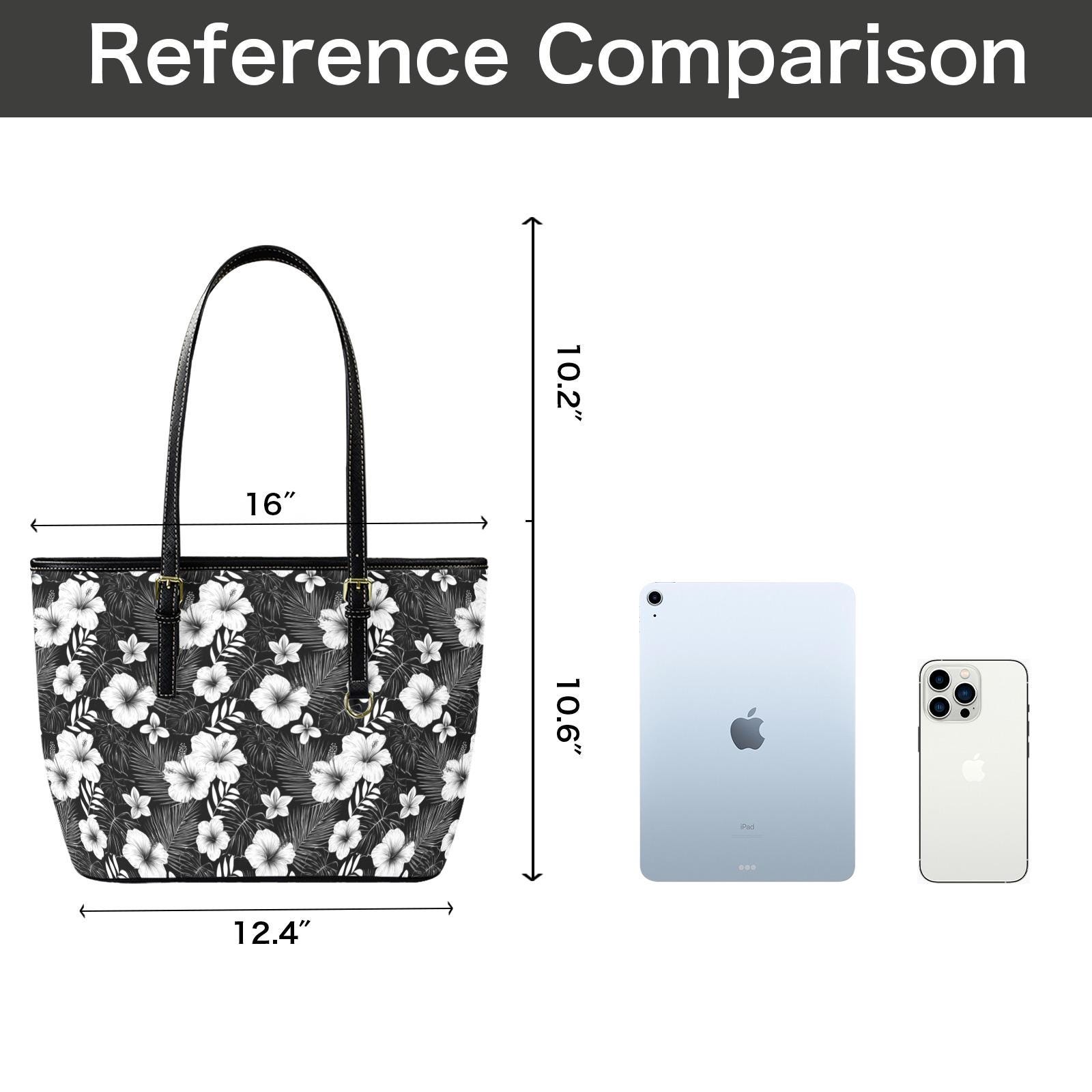 Black White Floral Tote Bag Purse, Hibiscus Flowers Art Women 