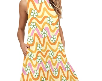 May include: A sleeveless, yellow, orange, and pink dress with a wavy pattern and white flowers. The dress has a scoop neck and a loose fit.