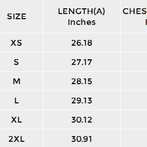 May include: Size chart for a sweatshirt with measurements in inches for length, chest width, and sleeve length. Sizes include XS, S, M, L, XL, and 2XL.