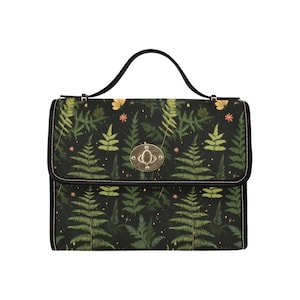 Fern Forest Canvas Satchel bag, Boho Vintage Cottagecore Nature Waterproof Black Women Ladies Crossbody Purse Vegan Leather Strap Handbag