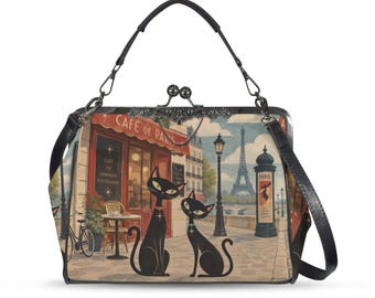 Mid Century Modern Cats Kiss Lock Purse Handbag, Paris Dark Print Vegan Leather Vintage Designer Shoulder Crossbody Top Handle Clasp Bag