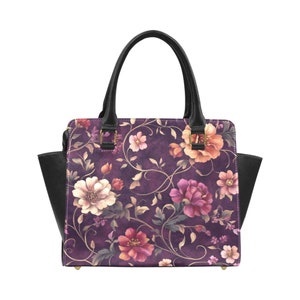 Burgunderrote Blumenhandtasche Handtasche, kastanienbraune klassische Blumen niedlich Vegan Leder Designer Damen Damen Weiblich Tote Top Zip Griff Tasche Schultergurt