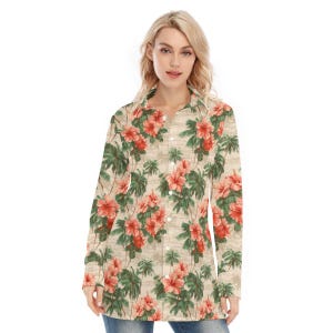 Hibiscus Long Sleeve Shirt Women, Coral Pink Tropical Palm Tree Button Up Ladies Blouse Print Buttoned Down Collared Casual Dress Going Out