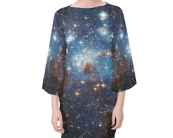 Robe à manches Galaxy Bell, manches longues Noir Blue Print Space Stars Constellation Celestial Fantasy Party Festival Universe