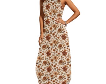 Brown Floral Maxi Dress, Fall Autumn Flowers Women Sleeveless Long Casual Cute Designer Elegant Plus Size Cocktail Party Designer